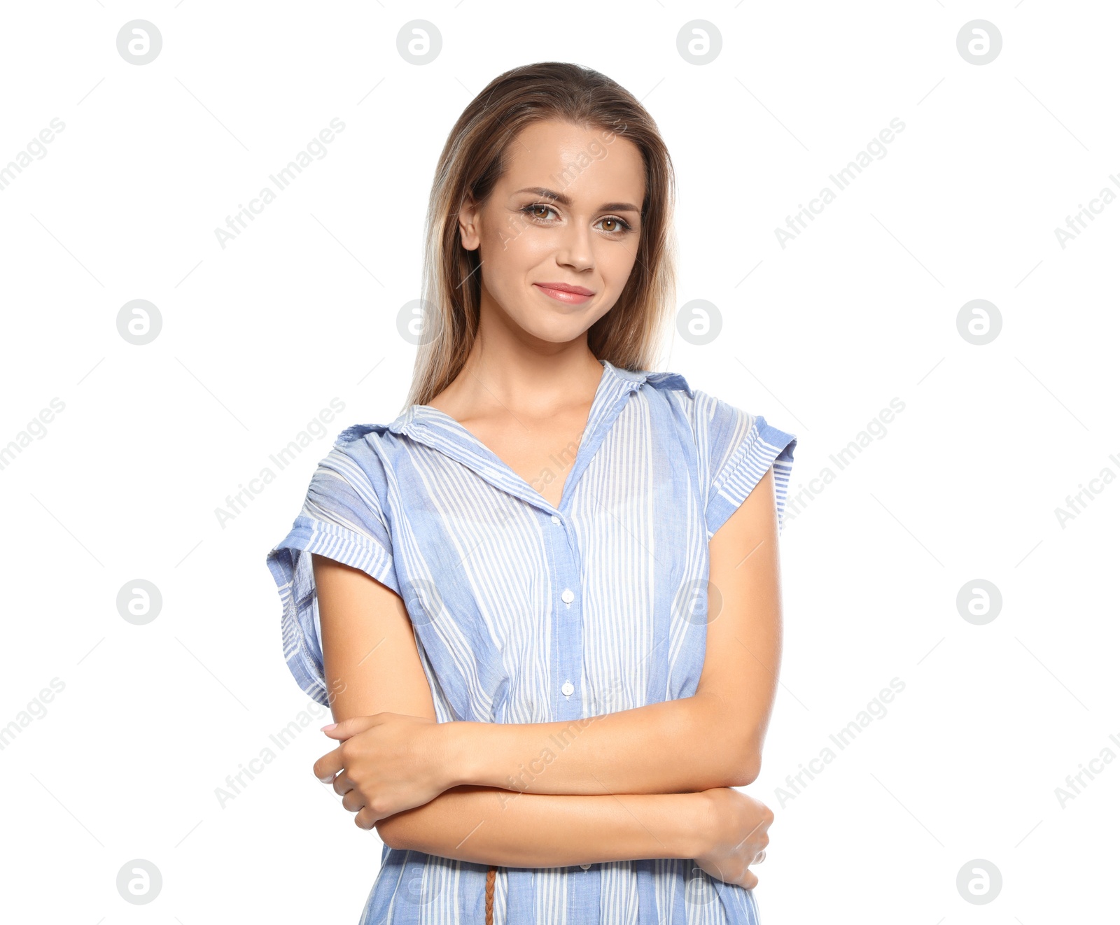 Photo of Portrait of beautiful woman on white background