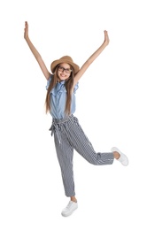 Full length portrait of active little girl on white background