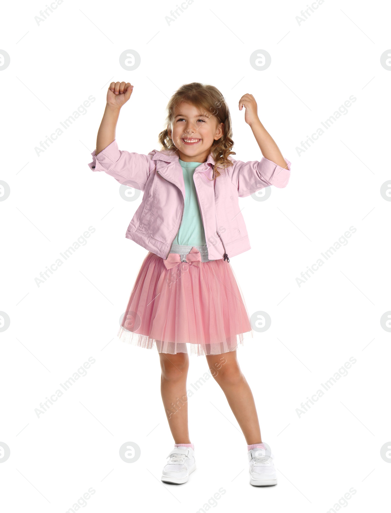Photo of Full length portrait of emotional little girl on white background