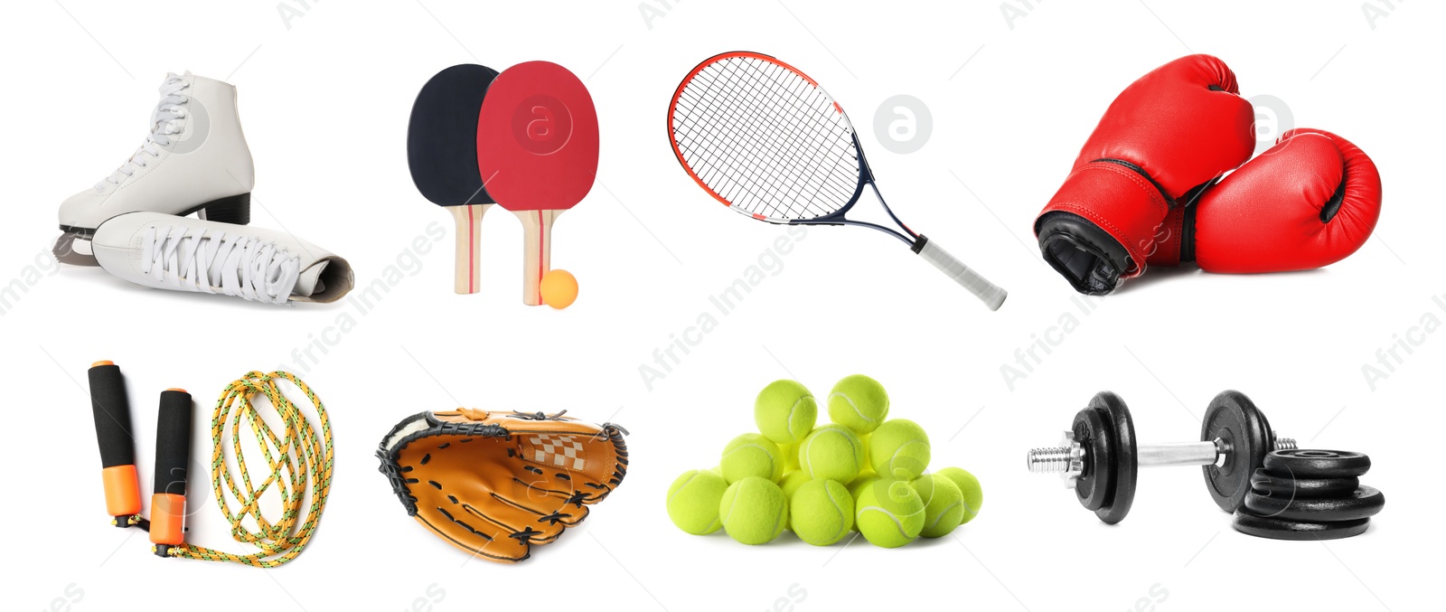 Image of Set of different sport equipment on white background. Banner design