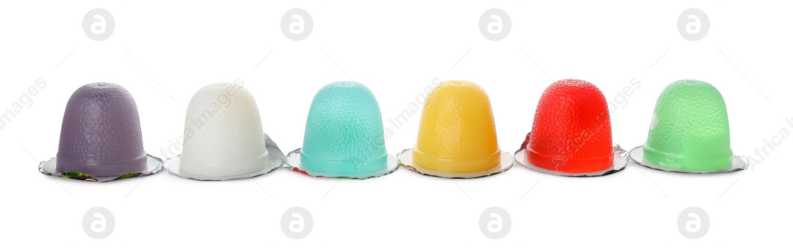 Photo of Tasty bright jelly cups on white background