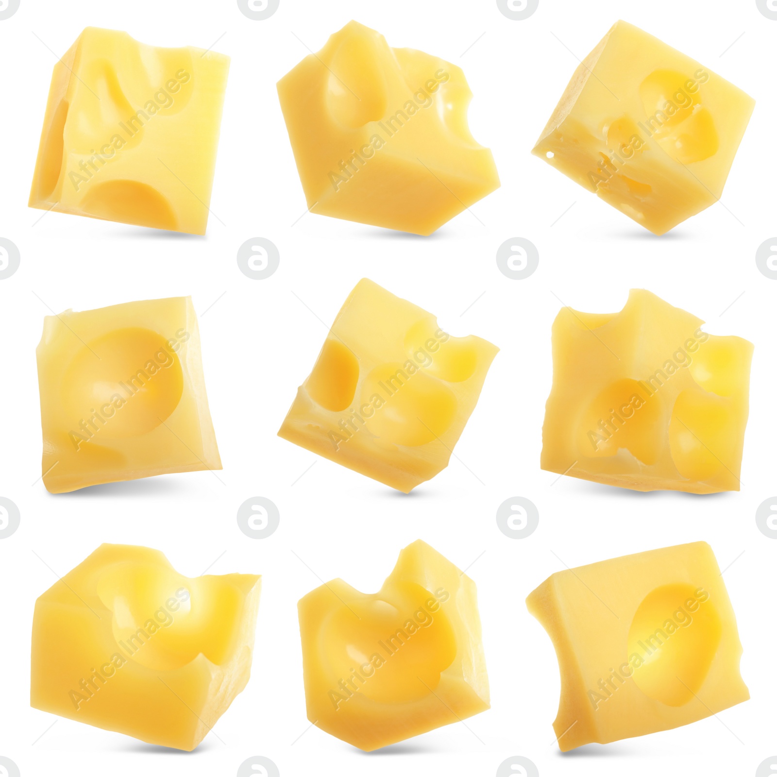 Image of Pieces of delicious cheese on white background, collage