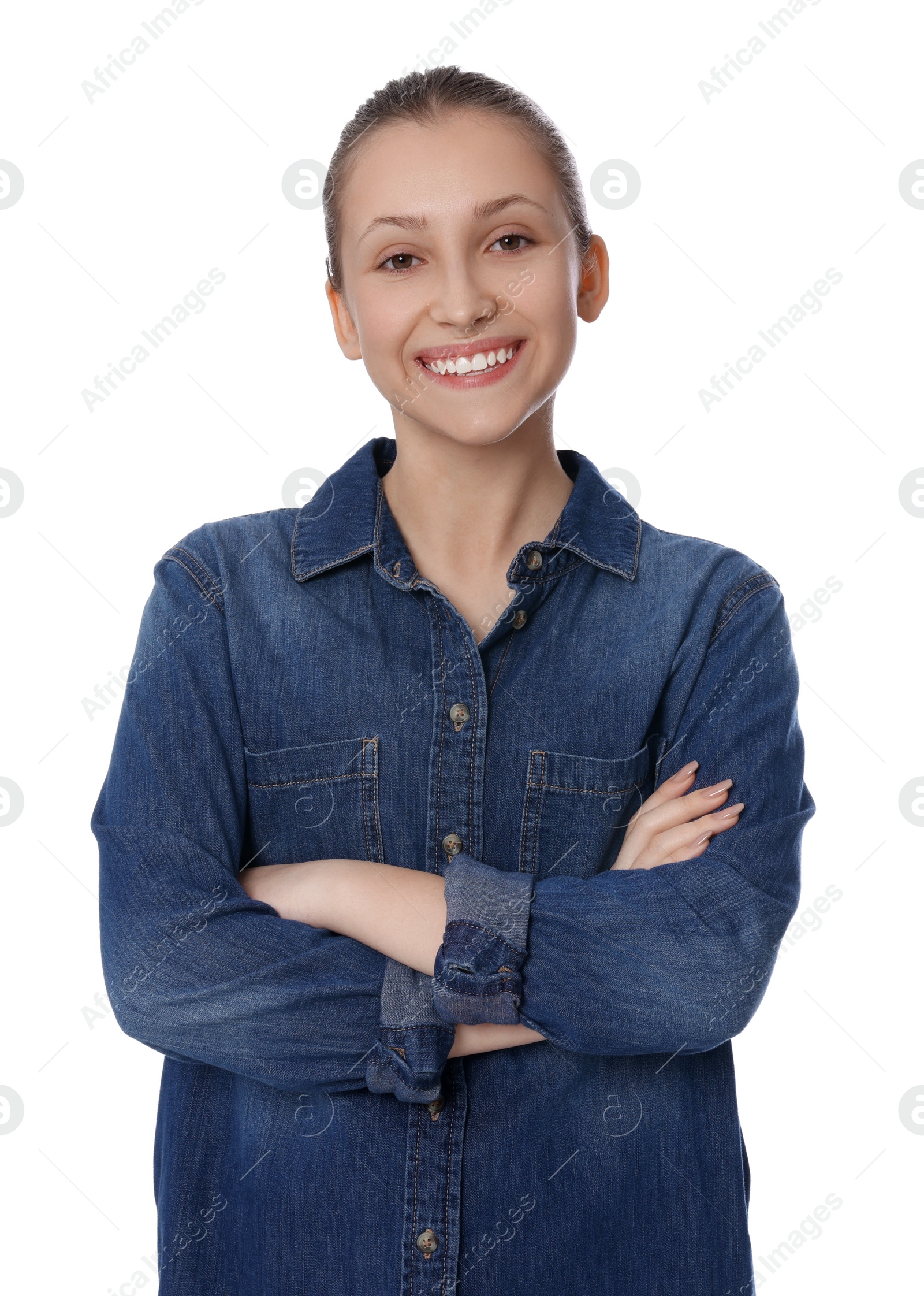 Photo of Portrait of beautiful teenage girl on white background