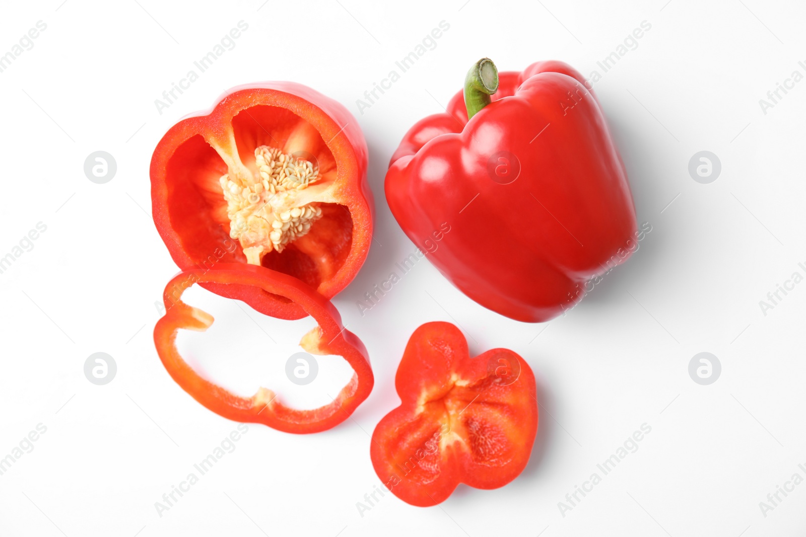 Photo of Raw ripe paprika peppers on white background, top view