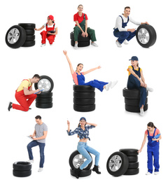 Image of Collage with photos of young mechanics and tires on white background. Auto store 