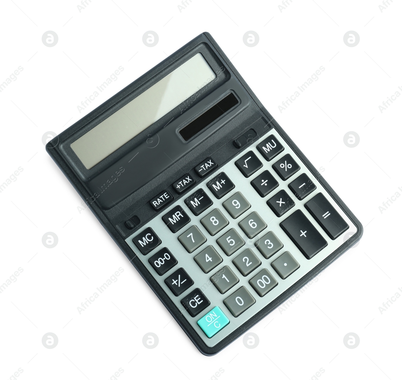 Photo of Modern calculator on white background, top view