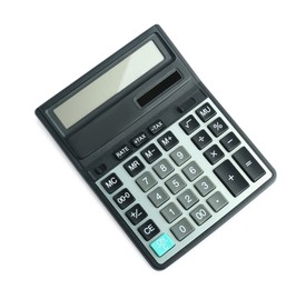 Modern calculator on white background, top view