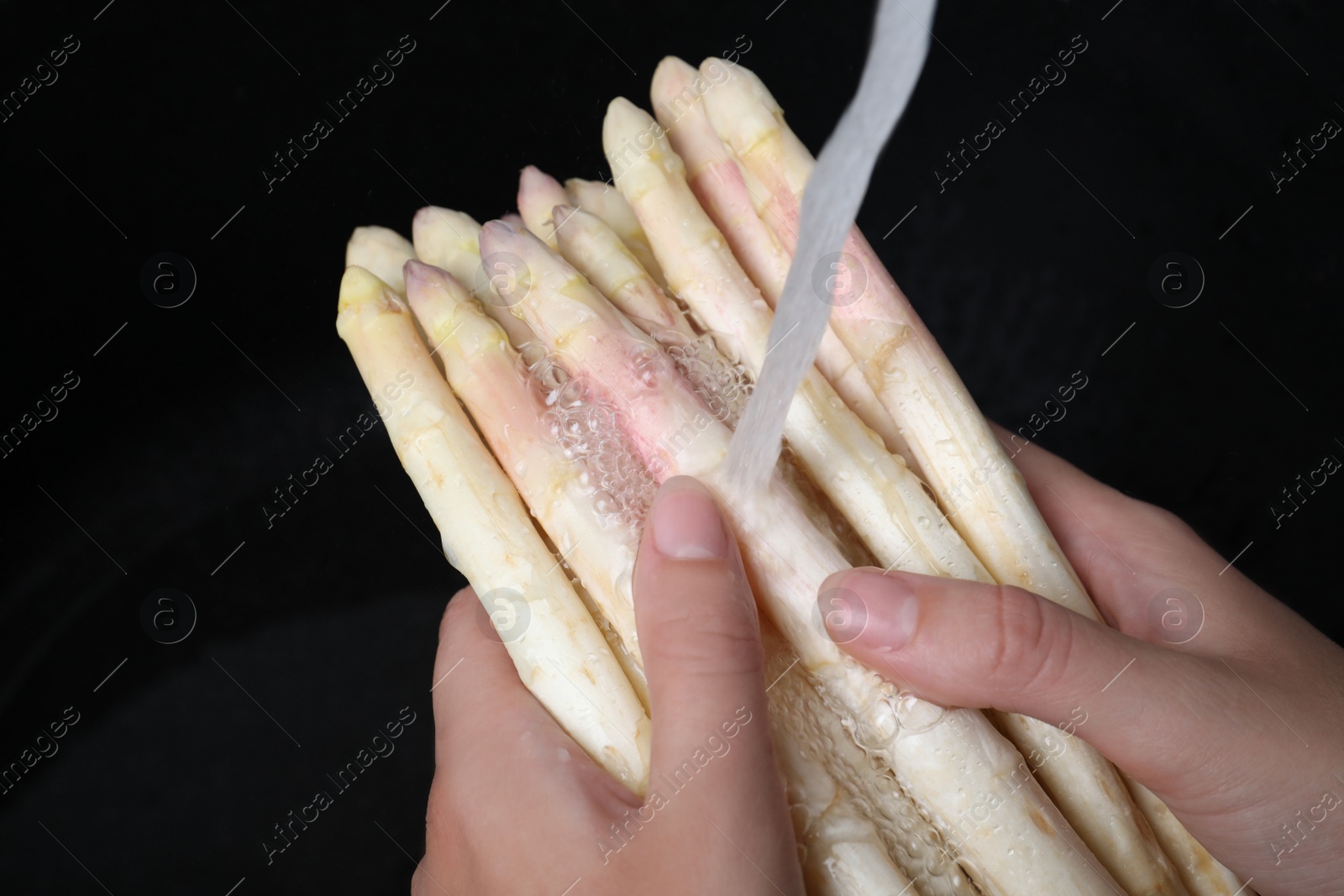 Photo of Woman washing fresh white asparagus over sink, closeup