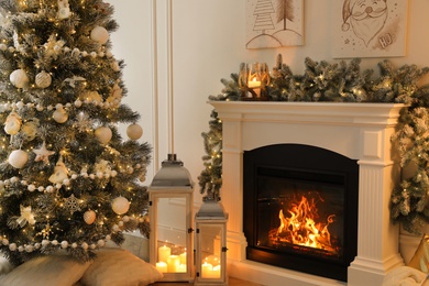 Photo of Fireplace in beautiful living room decorated for Christmas