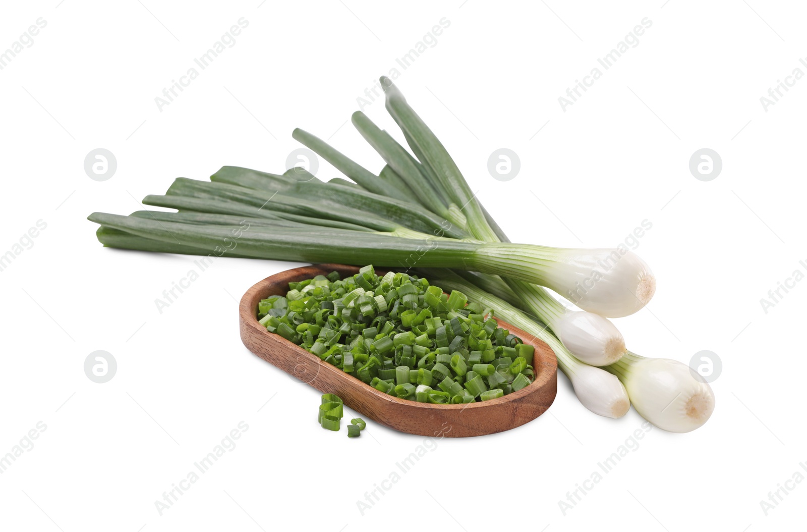 Photo of Whole and chopped green onion isolated on white