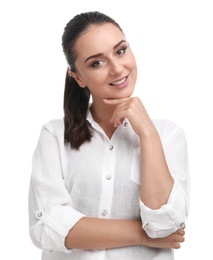 Photo of Beautiful young woman in casual outfit on white background