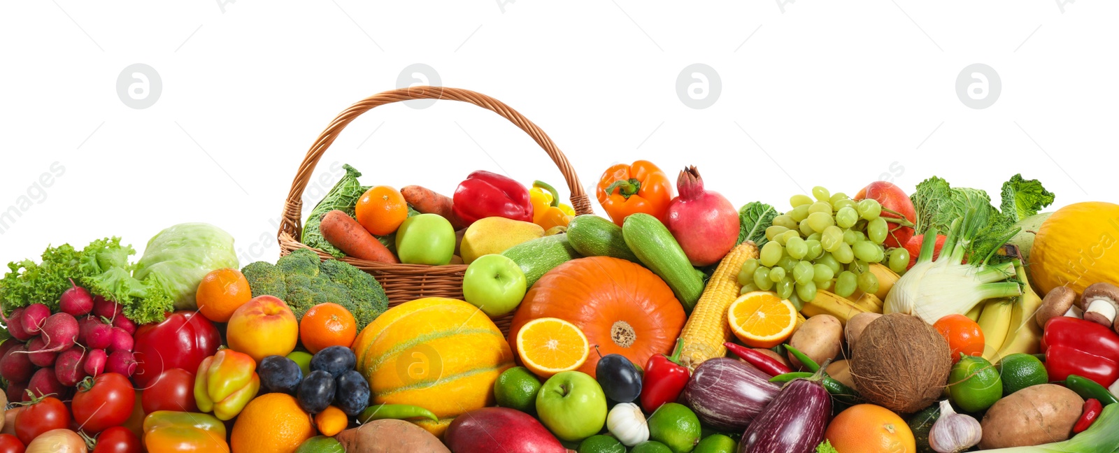 Photo of Assortment of fresh organic fruits and vegetables on white background. Banner design