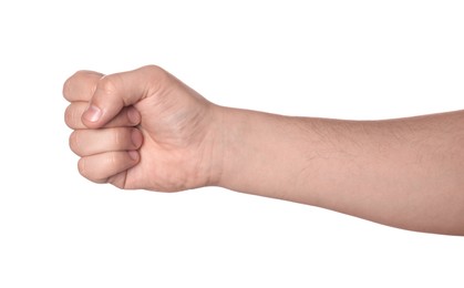 Playing rock, paper and scissors. Man making rock on white background, closeup