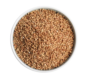 Bowl with uncooked buckwheat on white background, top view