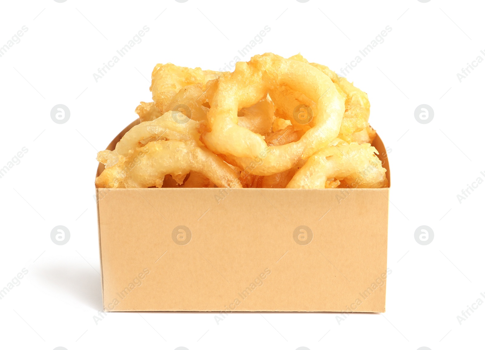 Photo of Delicious golden breaded and deep fried crispy onion rings in cardboard box on white background