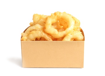 Delicious golden breaded and deep fried crispy onion rings in cardboard box on white background