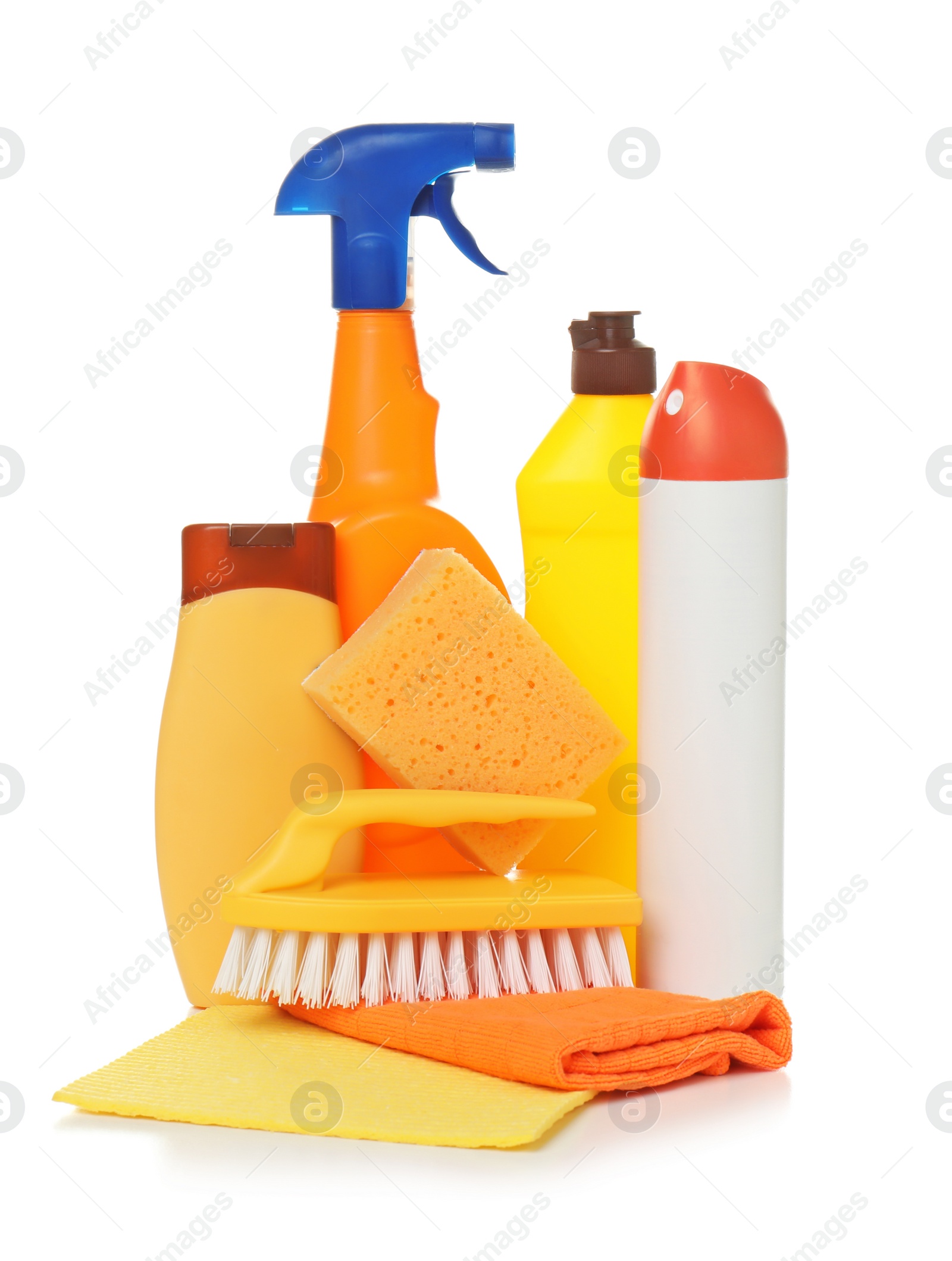 Photo of Different cleaning supplies on white background