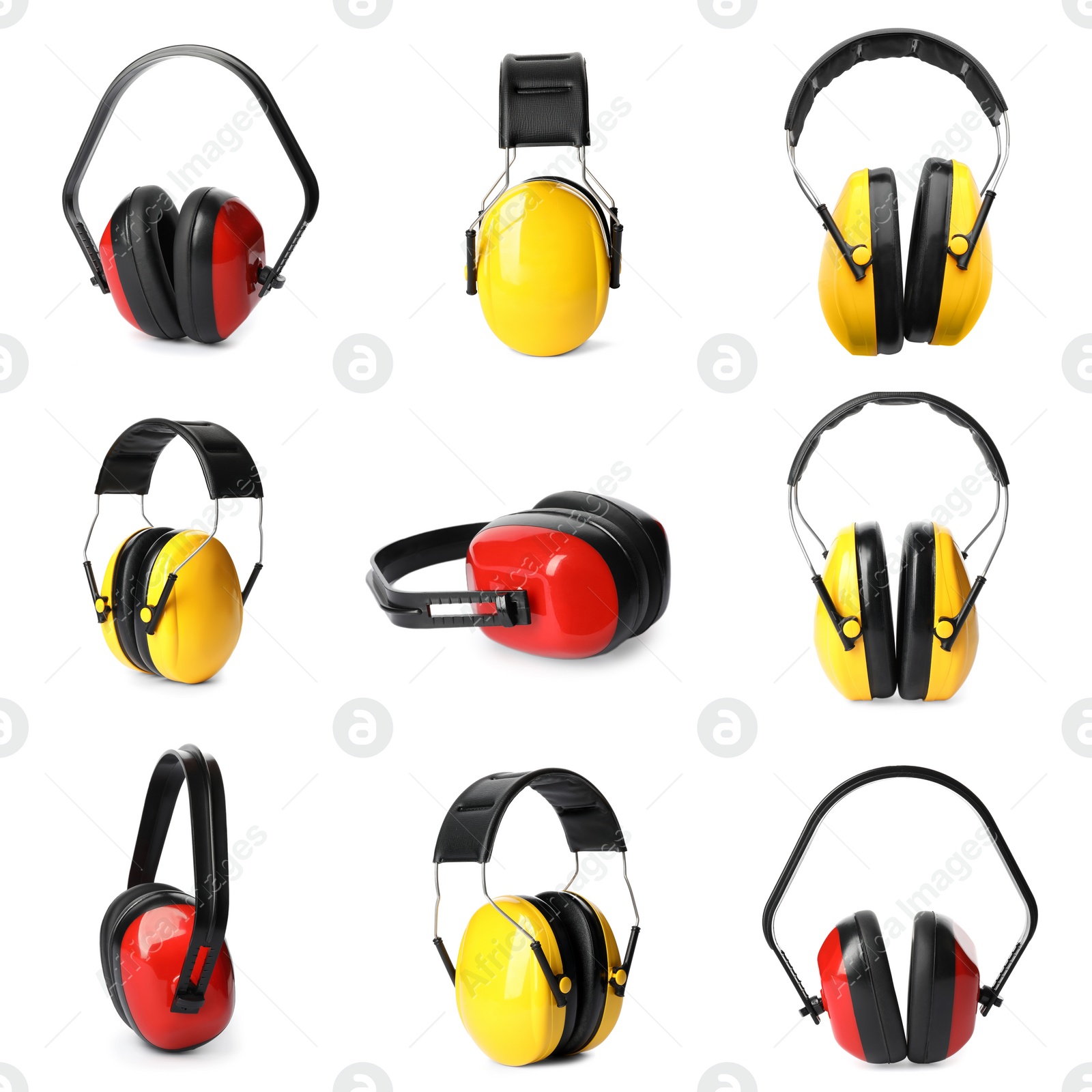 Image of Set with protective headphones on white background. Construction tool
