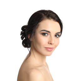 Photo of Portrait of young woman with beautiful hair on white background