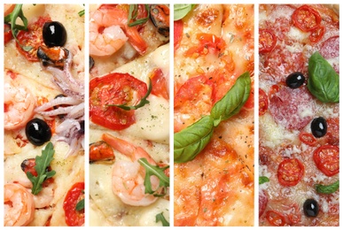 Image of Collage with different pizzas, closeup view 