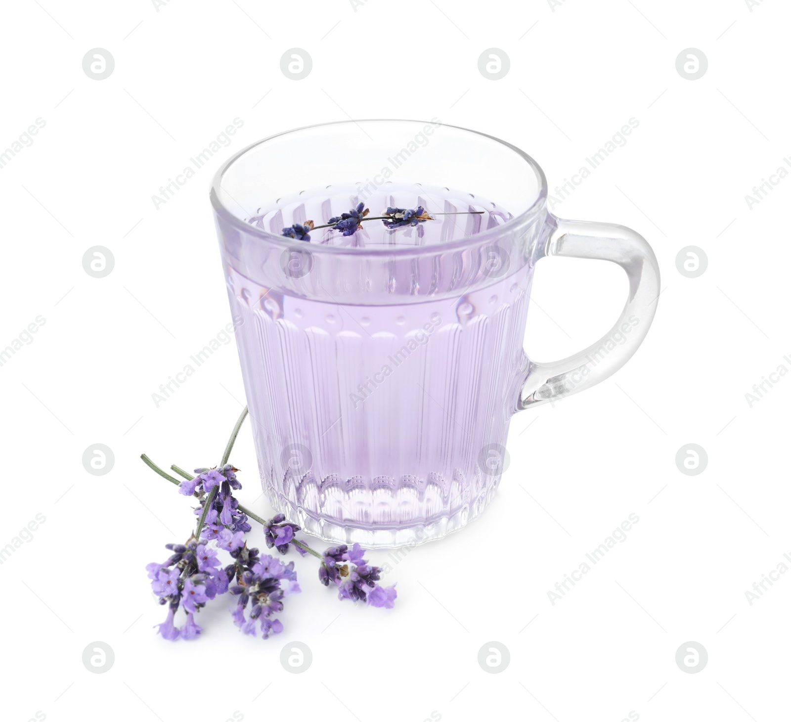 Photo of Delicious drink with lavender and fresh flowers isolated on white