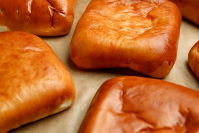 Many delicious baked patties on parchment paper, closeup