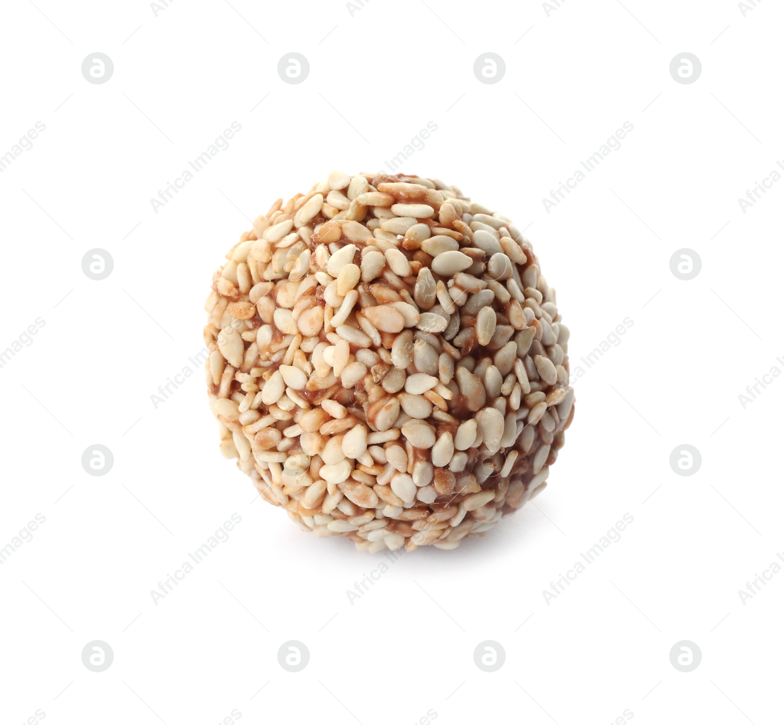 Photo of Delicious chocolate candy with sesame seeds isolated on white