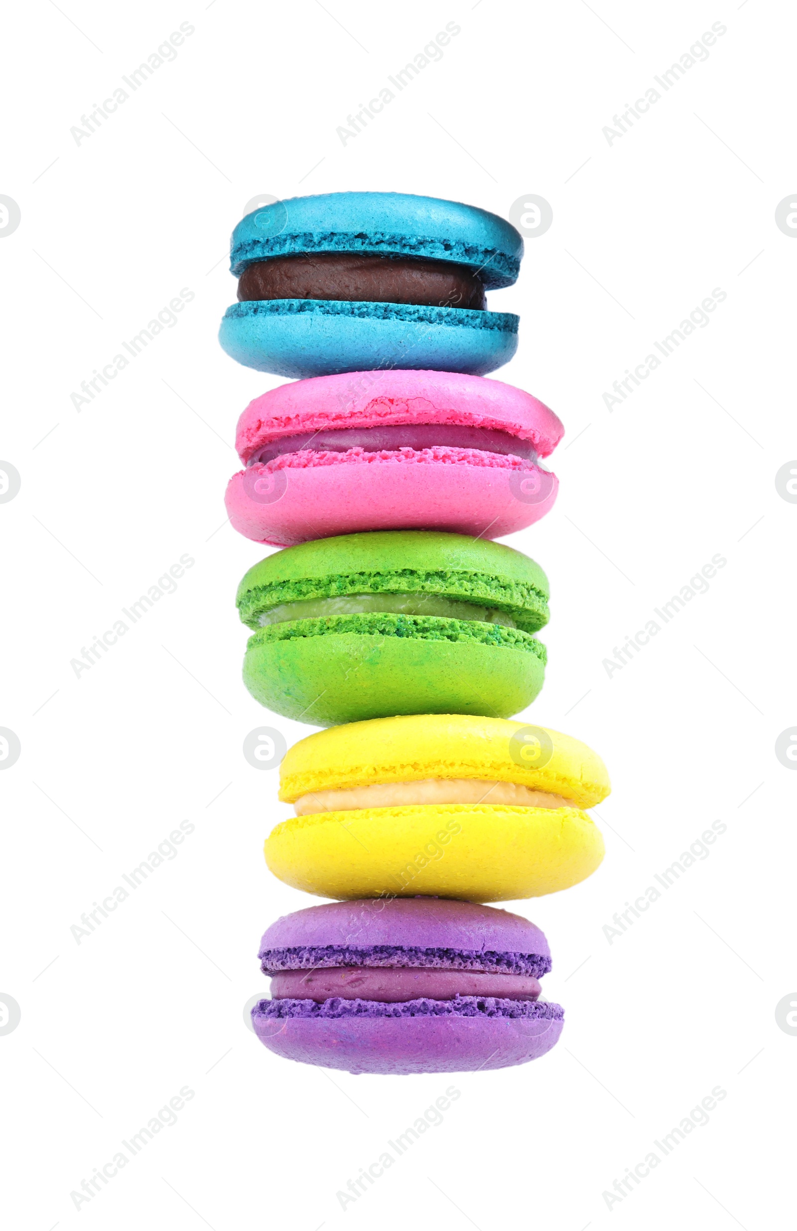 Photo of Different delicious colorful macarons on white background, top view