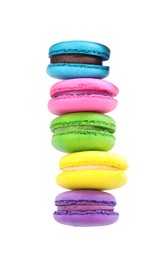 Photo of Different delicious colorful macarons on white background, top view