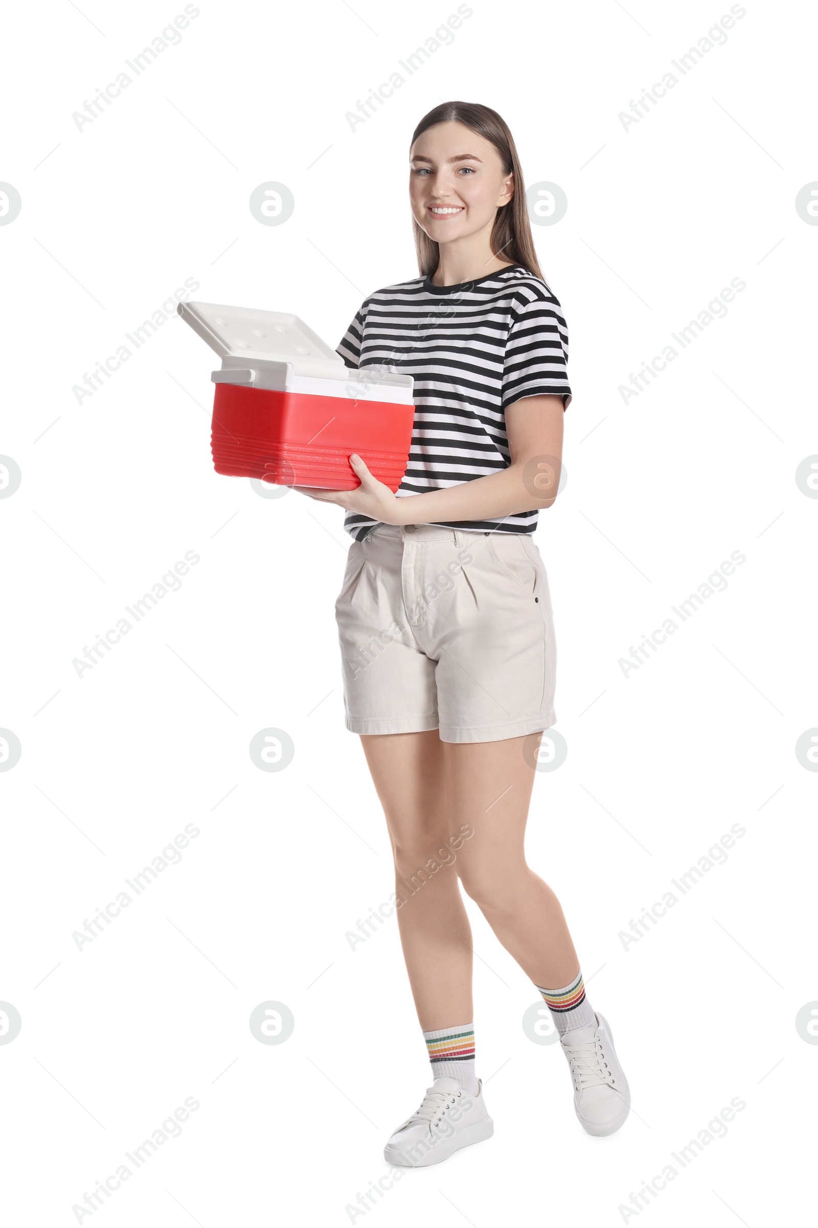 Photo of Happy young woman with plastic cool box isolated on white