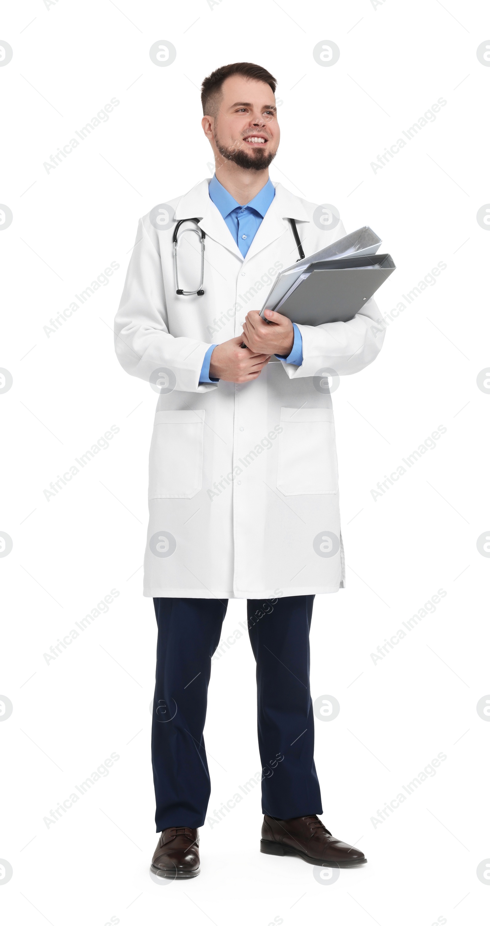 Photo of Doctor in coat with folders on white background