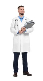 Doctor in coat with folders on white background