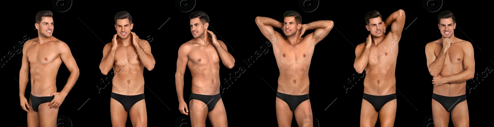 Image of Collage of man in underwear on black background. Banner design 