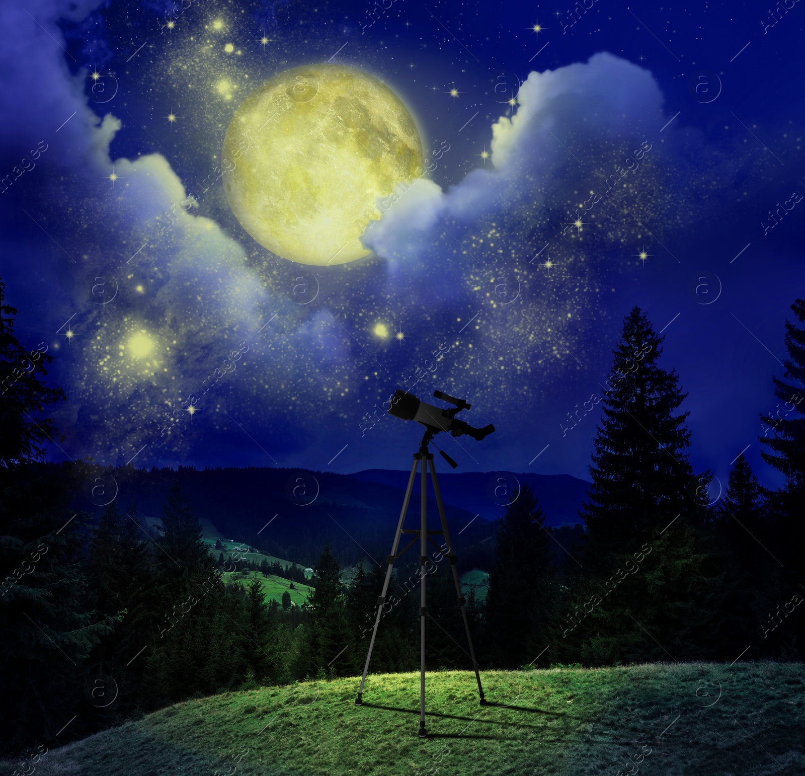 Image of Astronomy. Viewing beautiful starry sky with full moon through telescope at night