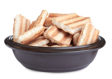 Delicious crispy pita chips on white background