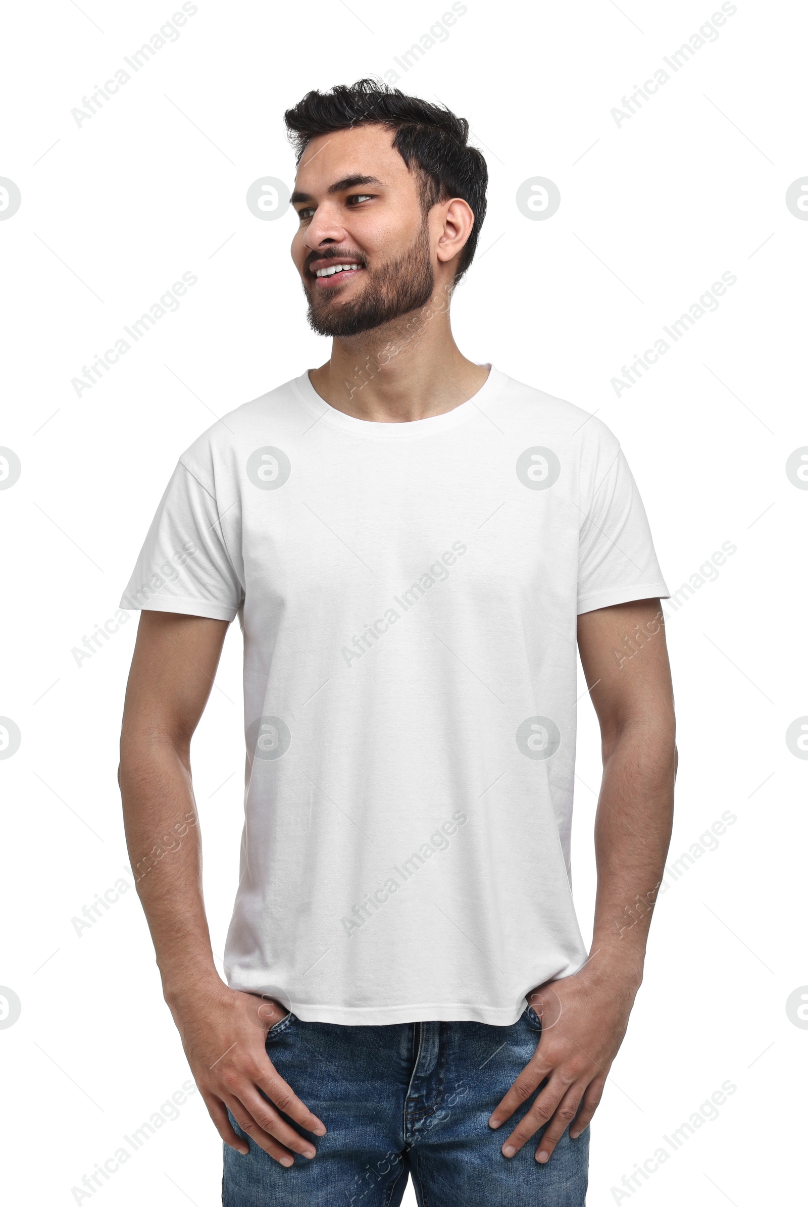 Photo of Smiling man in t-shirt on white background