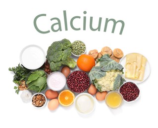 Different fresh products with high amounts of easily absorbable calcium on white background, top view