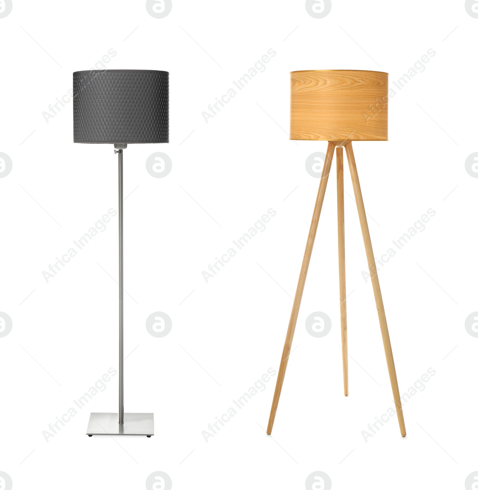 Image of Stylish floor lamps on white background, collage