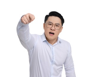 Photo of Angry businessman in formal clothes screaming on white background