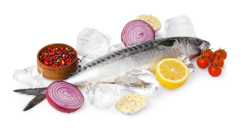 Photo of Raw mackerel, peppercorns, lemon, red onion, garlic and tomatoes isolated on white
