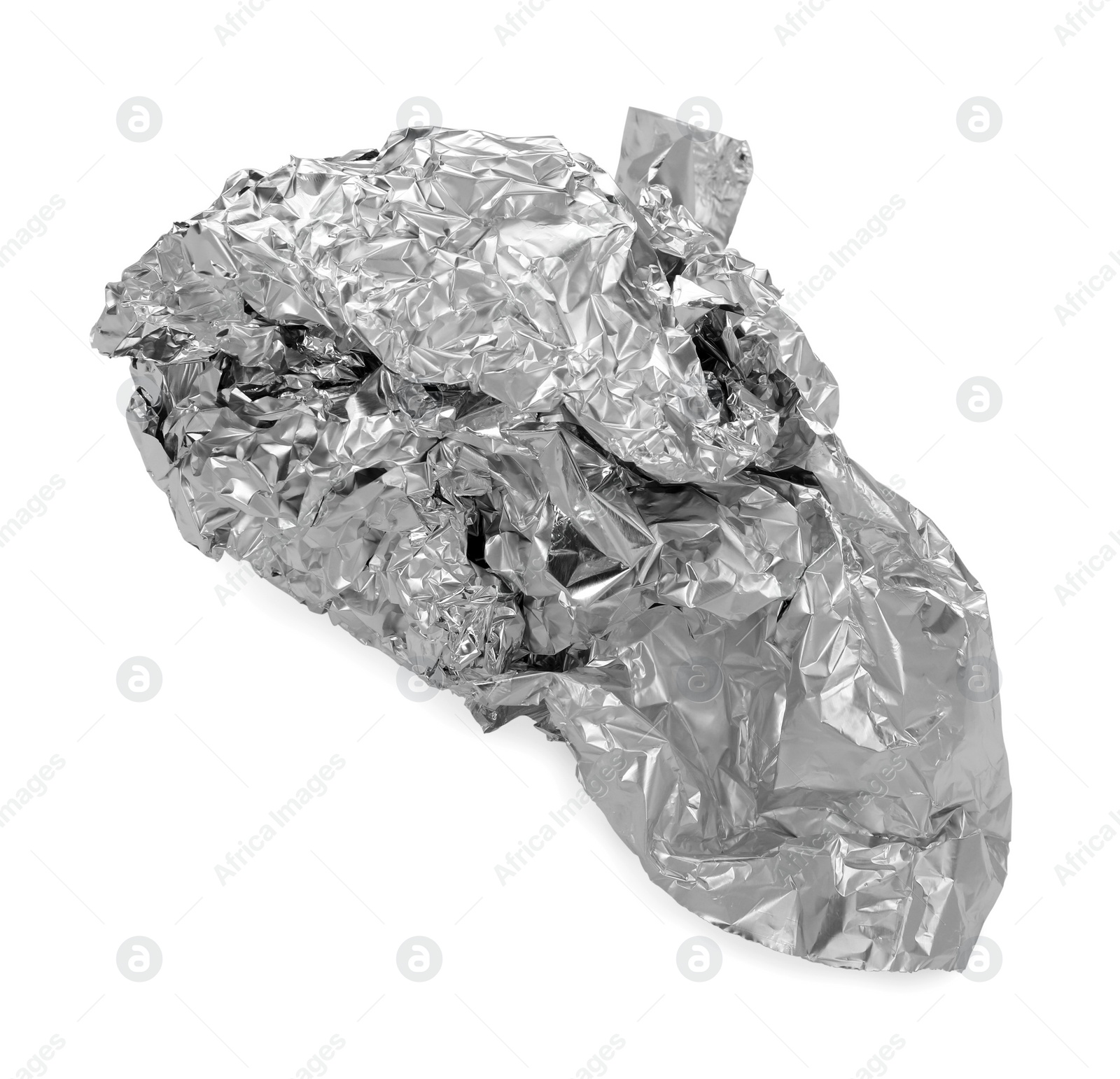 Photo of Crumpled piece of aluminum foil isolated on white, top view