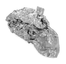 Crumpled piece of aluminum foil isolated on white, top view