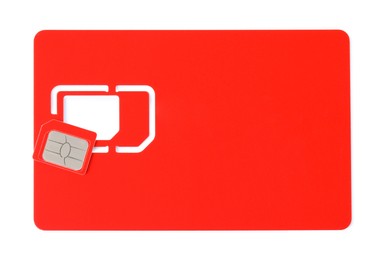 Red SIM card isolated on white, top view
