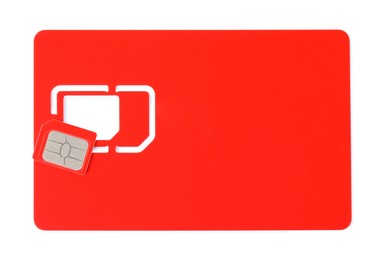 Photo of Red SIM card isolated on white, top view