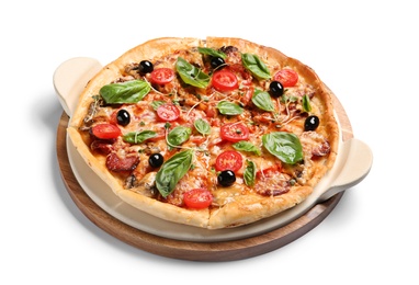 Tasty fresh homemade pizza on white background