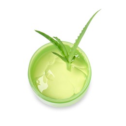 Photo of Jar of natural gel and fresh aloe isolated on white, top view