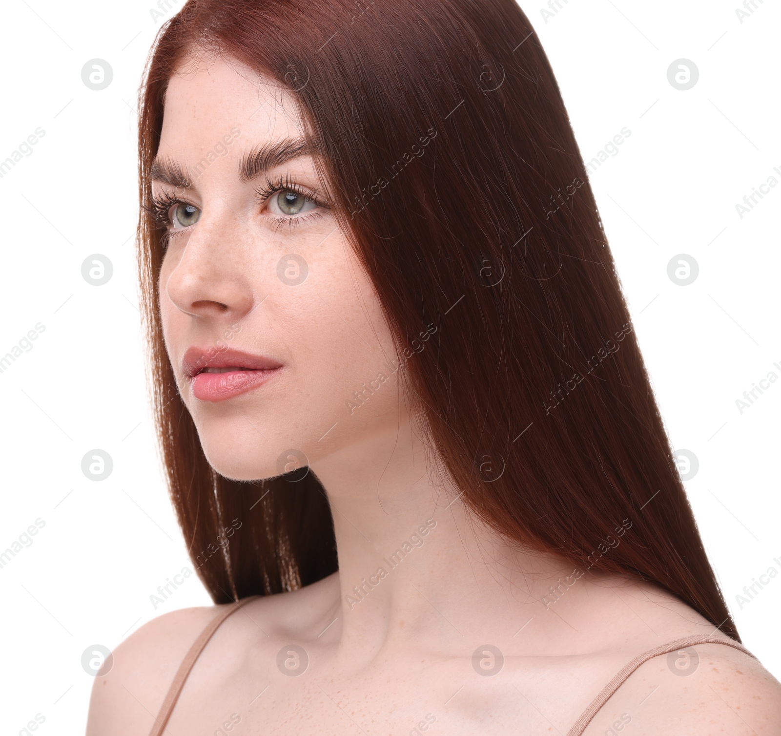 Photo of Portrait of beautiful woman on white background