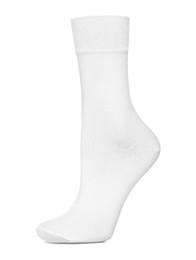 Photo of Textile sock isolated on white. Footwear accessory