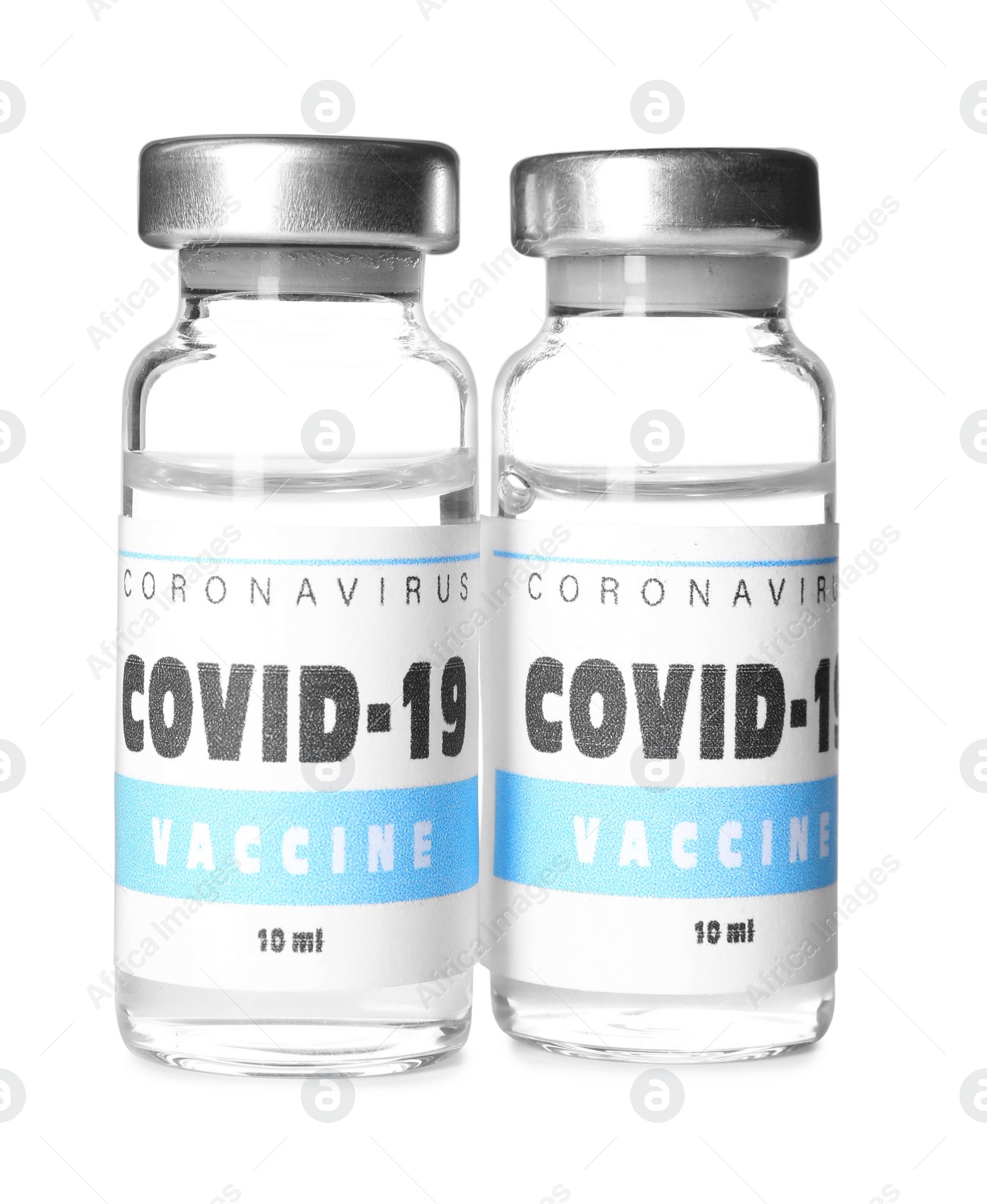 Photo of Vials with vaccine against coronavirus on white background