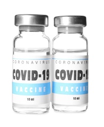 Vials with vaccine against coronavirus on white background